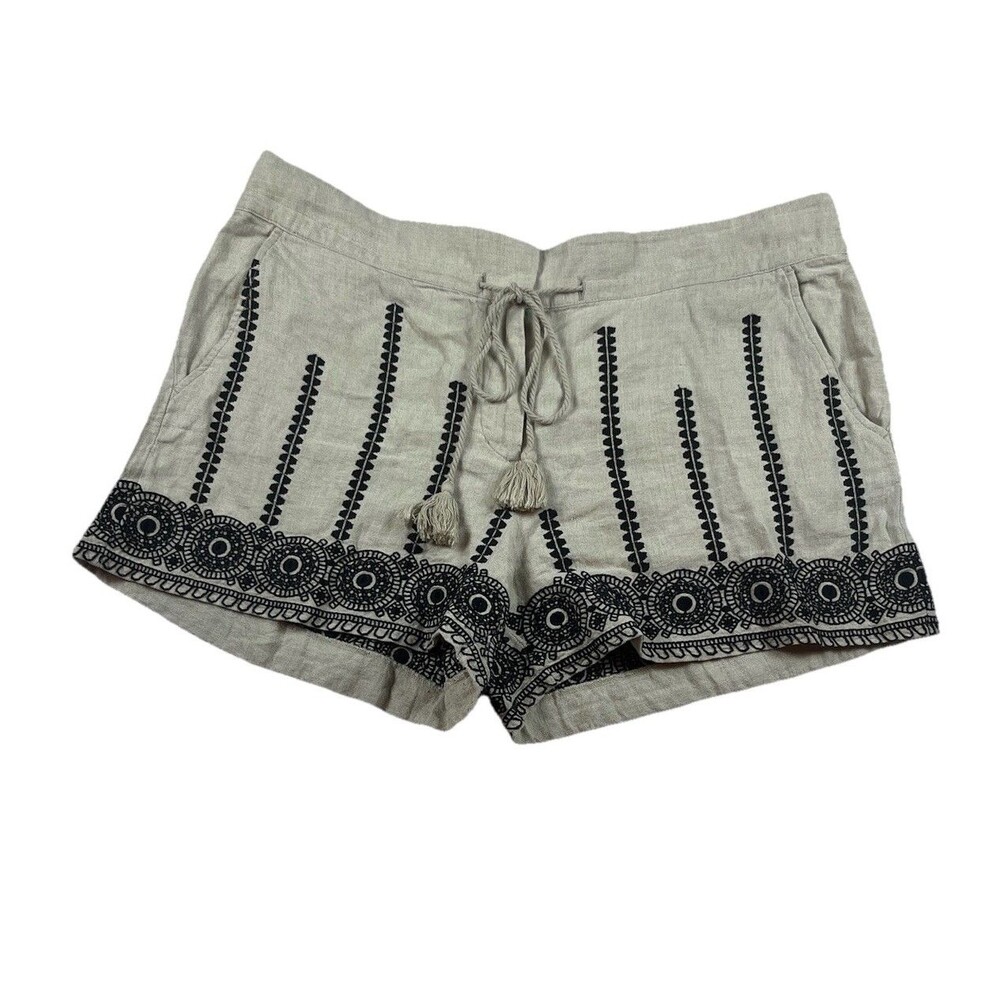 Loft Shorts Womens 12 Geometric Embroidered Linen Neutral Lagenlook Boho Chic